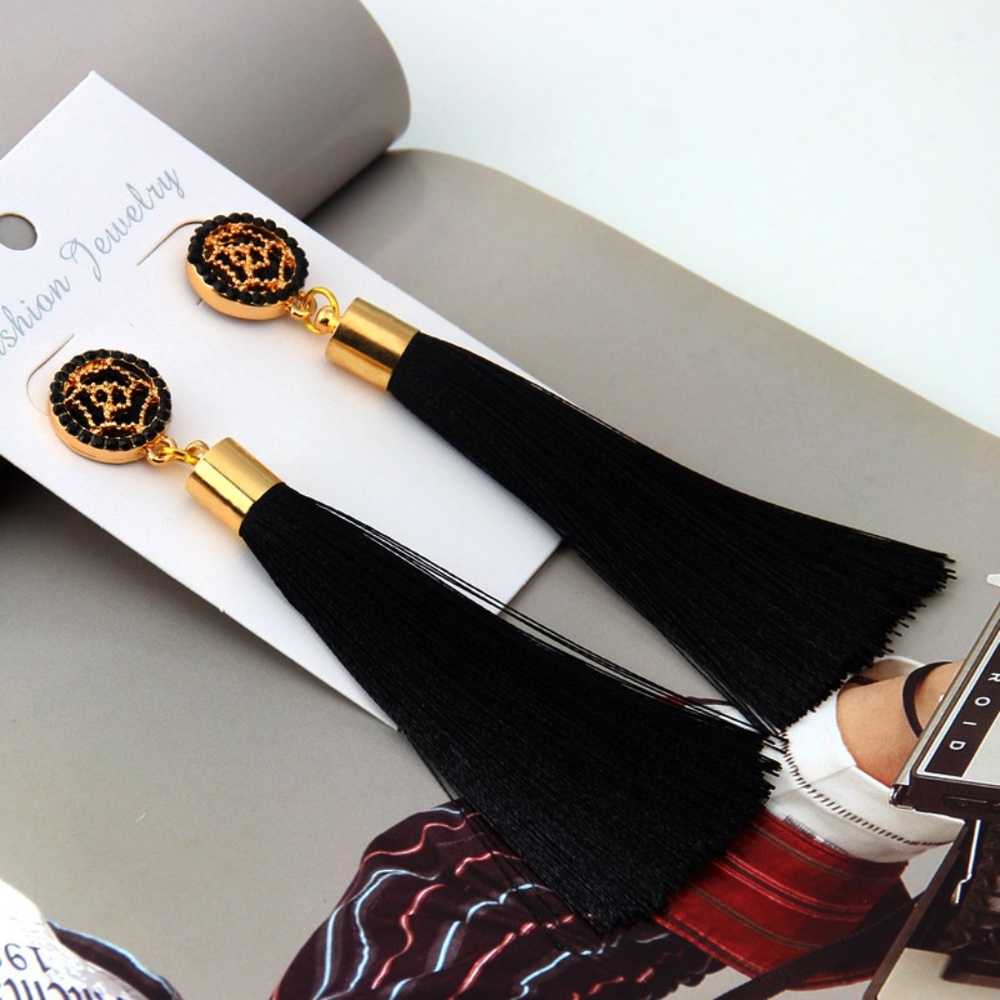 Rose Flower Long Tassel Earrings Black